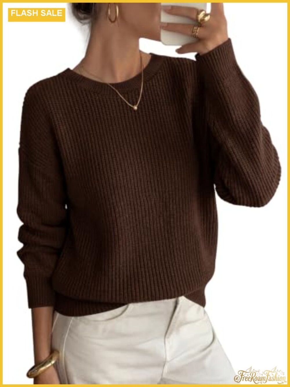 Crew Neck Long Sleeve Chunky Ribbed Knit Pullover Sweater Oversized